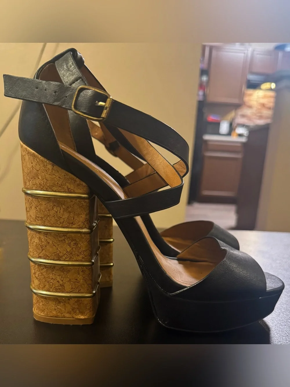 Qupid Black Platform Sandals with Cork Block Heel and Gold Accents